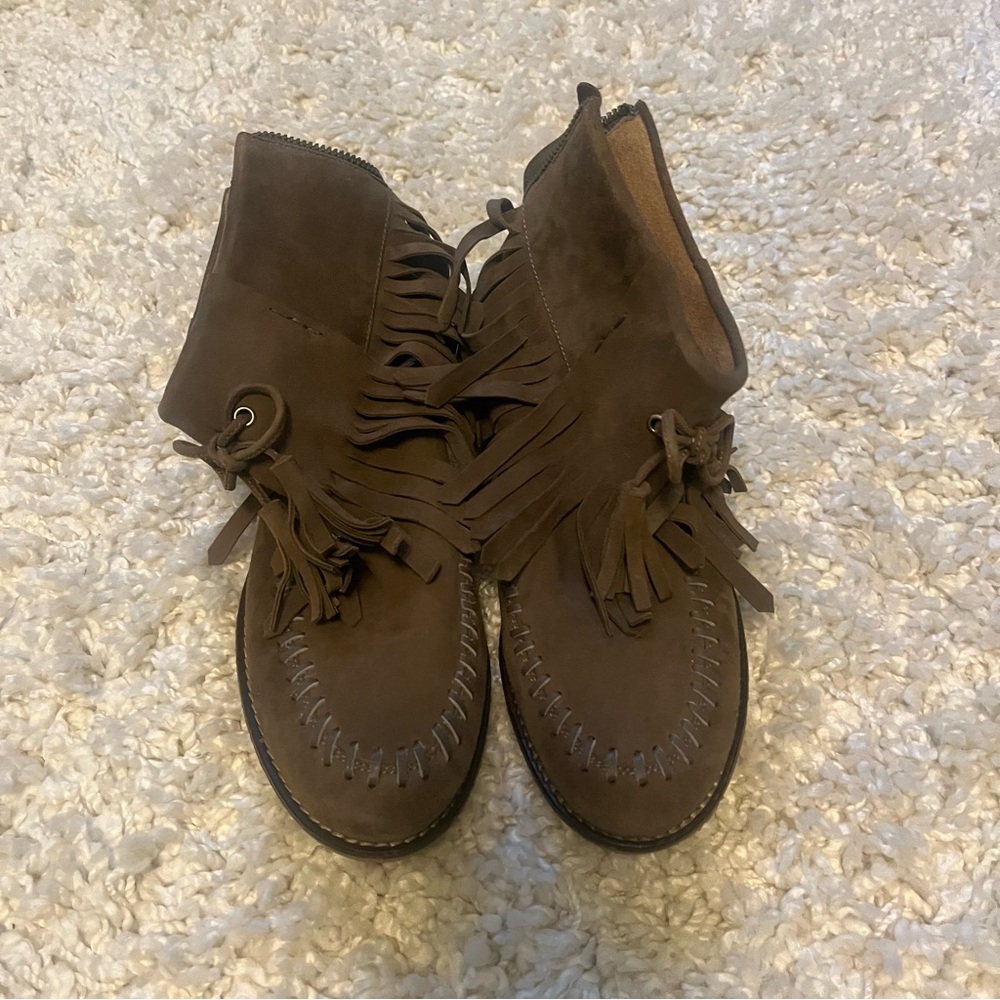 Trask Brown Fringe Moccasin Boots
